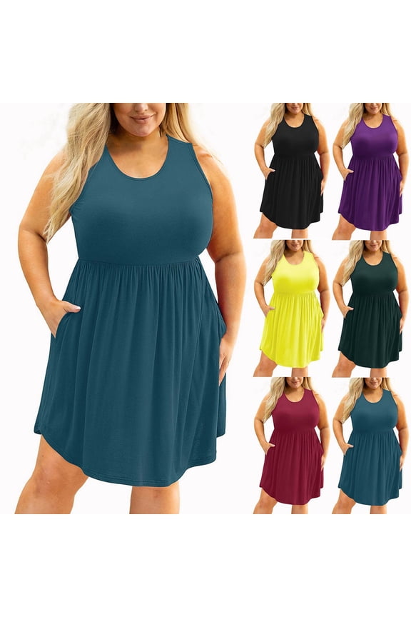Plus Size Dresses for Curvy Women with Pockets Sleeveless Pleated Blouson Dress Casual Summer Scoop Neck Tank Dress Solid Color Midi Sundress Purple XL