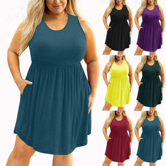 CFLVAEK Plus Size Dresses for Curvy Women with Pockets Sleeveless Pleated Blouson Dress Casual Summer Scoop Neck Tank Dress Solid Color Midi Sundress Purple XXXXL