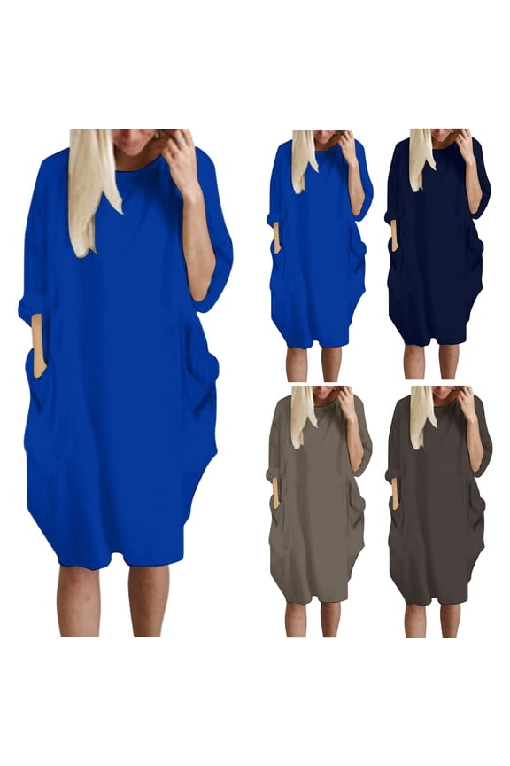 Plus Size Dresses for Women with Pockets Casual 3/4 Sleeve T Shirt Dress Loose Fitted Crewneck Dress Solid Color Summer Beach Dress 2025 Dark Gray L
