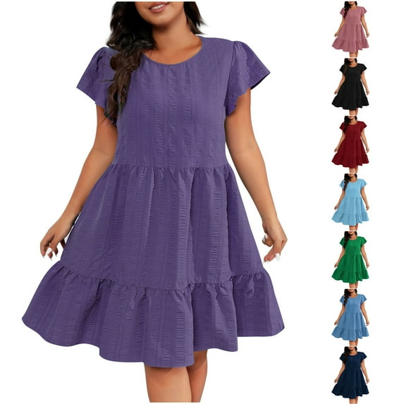 CFLVAEK Plus Size Dresses for Women Casual Short Sleeve T Shirt Dress Crewneck Tiered Summer Dress Solid Color A Line Midi Dress Red XXXXL