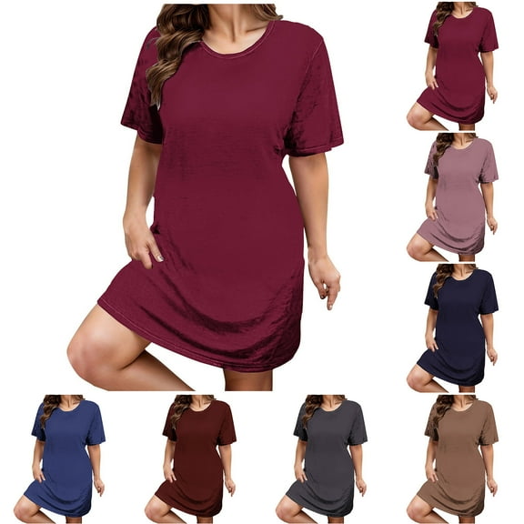 CFLVAEK Plus Size Dresses for Women Loose Fit Crewneck Short Sleeve T Shirt Dress Solid Color Beach Vacation Mini Dress Red XXXXXL