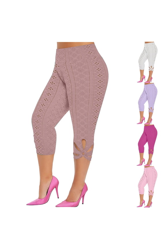 Plus Size Eyelet Capri Leggings for Women Flower Hollow Out High Waisted Capris Slimming Fit Solid Stretch Cropped Pants Tummy Control Workout Yoga Leggings Hot Pink XXXXL