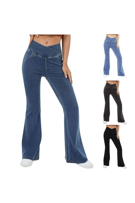 Plus Size Fake Denim Leggings for Women Flare Bootcut Yoga Pants Casual Crossover Waisted Workout Pant Solid Color Stretch Trousers Dark Gray XL