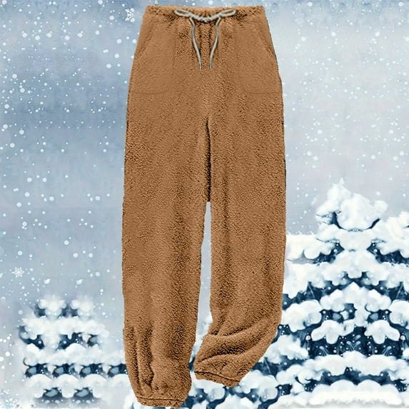 CFLVAEK Plus Size Fuzzy Fleece Pants for Women Casual Fluffy Thermal Winter Lounge Pant Casual Drawstring Waisted Pants with Pockets Solid Color Soft Woolen Trousers