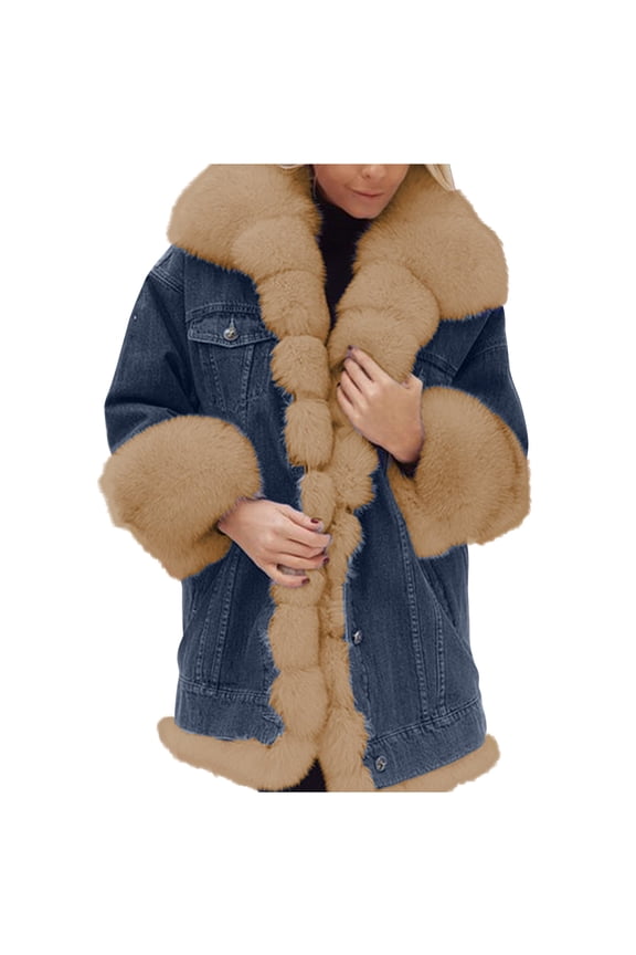 Plus Size Jean Jacket for Women Furry Plush Casual Long Sleeve Warm Denim Jacket Loose Fit Button Down Coats with Pocket 2024 Khaki S