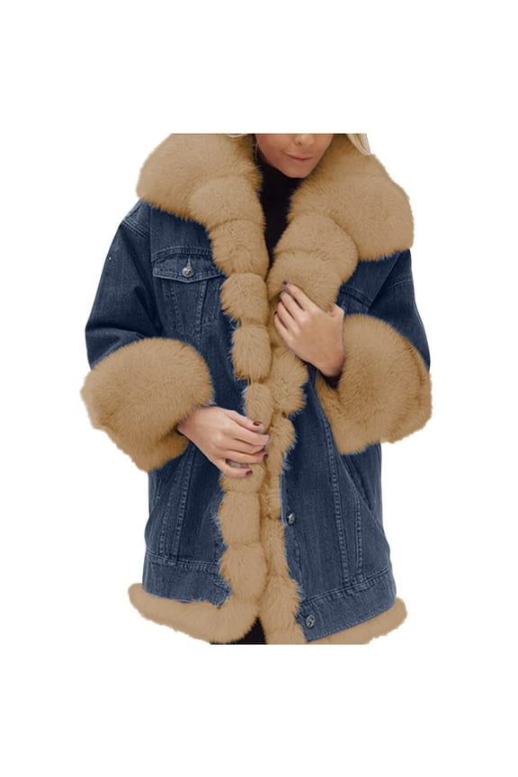 Plus Size Jean Jacket for Women Furry Plush Casual Long Sleeve Warm Denim Jacket Loose Fit Button Down Coats with Pocket Khaki XXXXXL