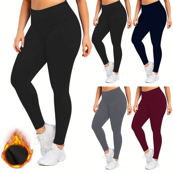 CFLVAEK Plus Size Leggings for Women Fleece Lined Yoga Pants Thermal Winter Workout Legging with Pockets Solid Color Stretch Pant Navy XL