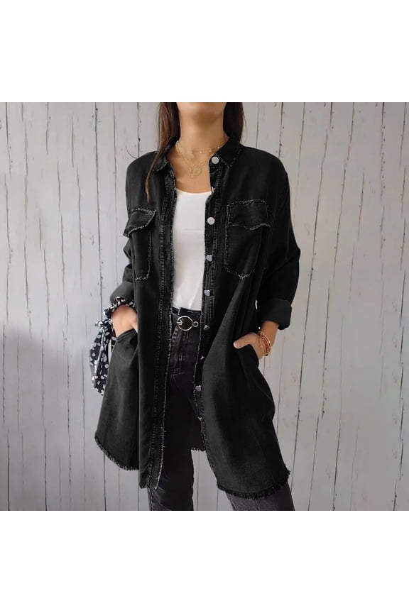 Plus Size Long Jean Jackets for Women with Pockets Casual Lapel Button Down Denim Jaket Loose Fitting Long Sleeve Fall Coats Black L