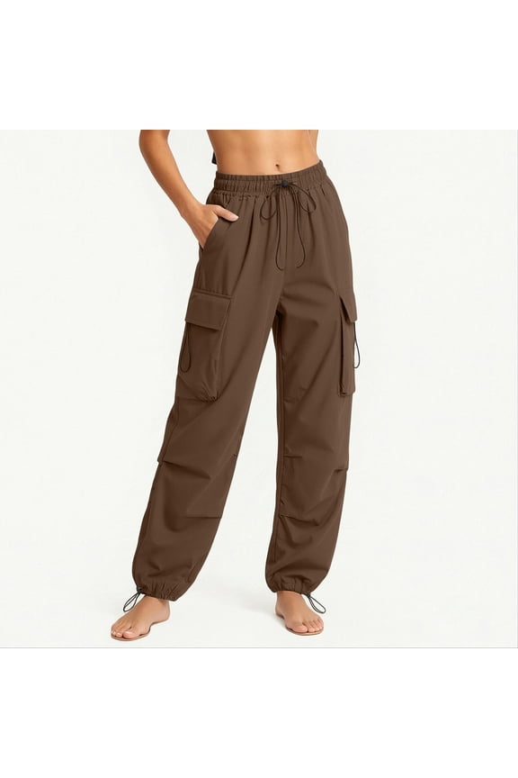 Plus Size Pants for Women Cinch Bottom Wide Leg Cargo Pant Solid Color Drawstring High Waisted Hiking Outdoor Trousers with Pockets Brown M