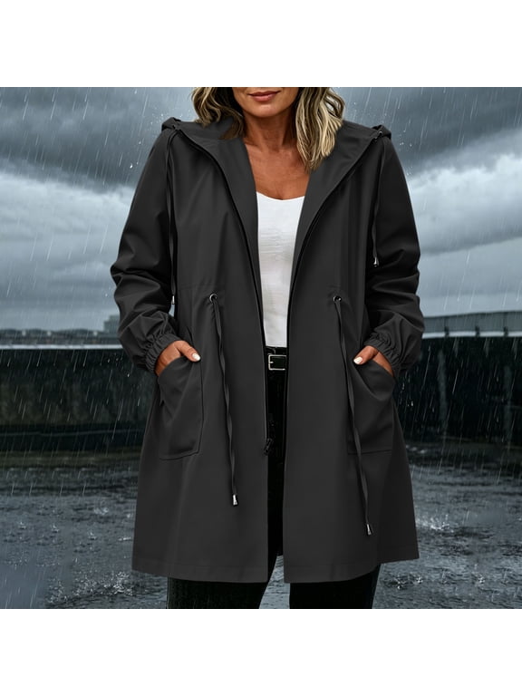 Plus Size Rain Jacket Women Waterproof Long Hooded Coat Loose Fit Full Zip Up Trench Coat Hiking Outdoor Windbreater Jackets with Pockets Black XXXL