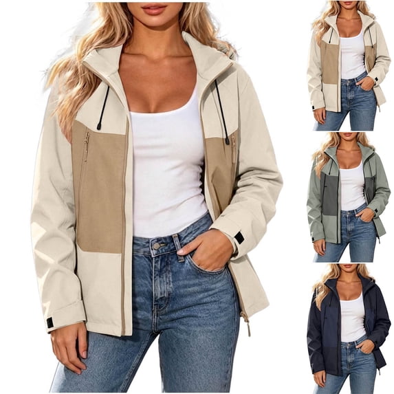 CFLVAEK Plus Size Rain Jacket for Women Waterproof Color Block Raincoat Lightweight Zip Up Lapel Windbreaker for Outdoor Hiking Khaki M