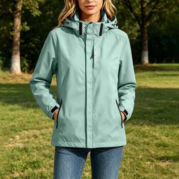 CFLVAEK Plus Size Rain Jacket for Women with Detachable Hood Lightweight Waterproof Raincoat Outdoor Hiking Hooded Windbreaker Green XXL