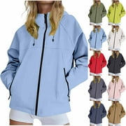 CFLVAEK Plus Size Rain Jackets for Women Lightweight Full Zip Outdoor Coat Waterproof Hiking Outdoor Jacket with Hood Fall Spring Windbreaker with Pockets Black M