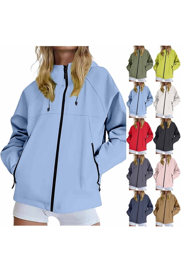 Plus Size Rain Jackets for Women Lightweight Full Zip Outdoor Coat Waterproof Hiking Outdoor Jacket with Hood Fall Spring Windbreaker with Pockets Gray S