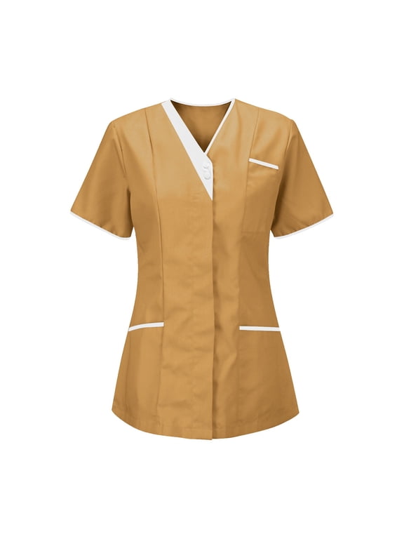 Plus Size Scrubs for Women Nurses Tunic Uniform Button Up V Neck Protective Clothing Tops Solid Color Short Sleeve Workwear with Pockets Khaki S