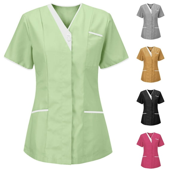 CFLVAEK Plus Size Scrubs for Women Button V Neck Nursing Uniform Comfy Short Sleeve Scrub Tops with Pockets Solid Color Working Uniform Khaki XXL
