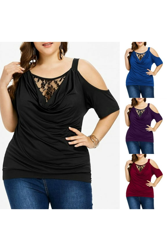 Plus Size Shirts for Women Dressy Casual Lace Cowl Neck Blouses Elegant Cold Shoulder Short Sleeve Blouse Loose Fit Short Sleeve Tops 2025 Blue XXL