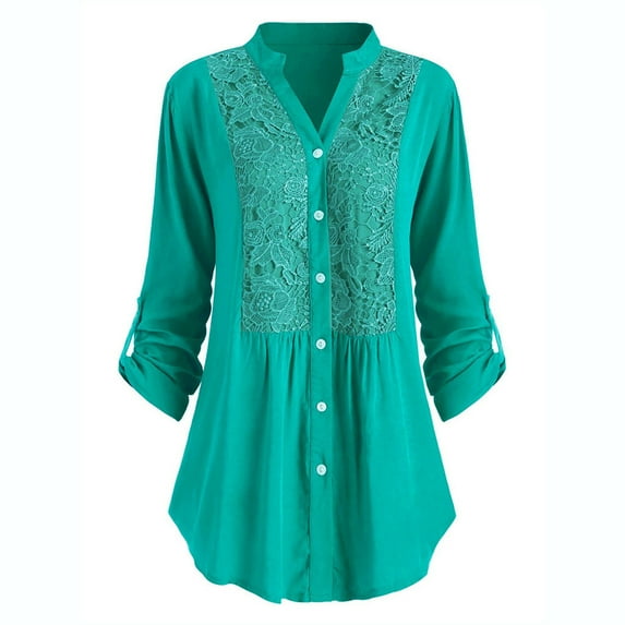 CFLVAEK Plus Size Shirts for Women Fashion Lace Floral Graphic Shirt Casual Button Down Fall Blouses Comfy Rolled Long Sleeve Tunic Tops Mint Green L