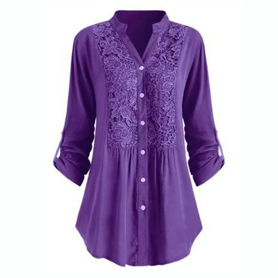 CFLVAEK Plus Size Shirts for Women Fashion Lace Floral Graphic Shirt Casual Button Down Fall Blouses Comfy Rolled Long Sleeve Tunic Tops 2024 Purple XXXXL