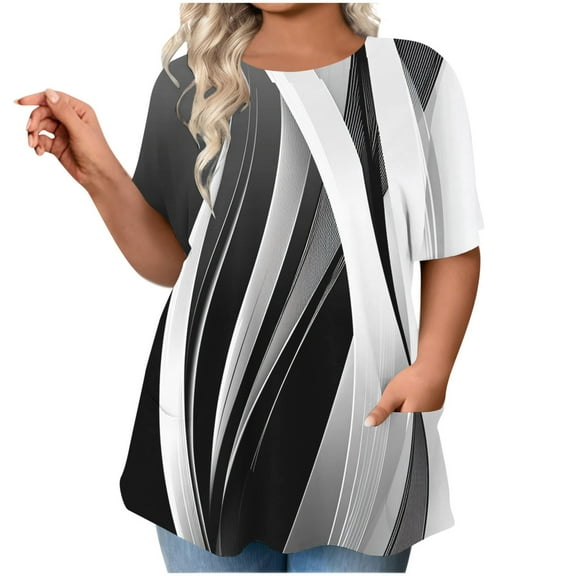CFLVAEK Plus Size Shirts for Women Loose Fitted Short Sleeve Tunic Tops with Pockets Fashion Striped Graphic T Shirts Comfy Crewneck Blouses Black XXXXXL