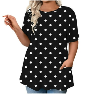 CFLVAEK Plus Size Shirts for Women with Pockets Trendy Polka Dot Graphic Blouses Loose Fit Short Sleeve Tunic Tops Comfy Crewneck Summer Top Black XXXL