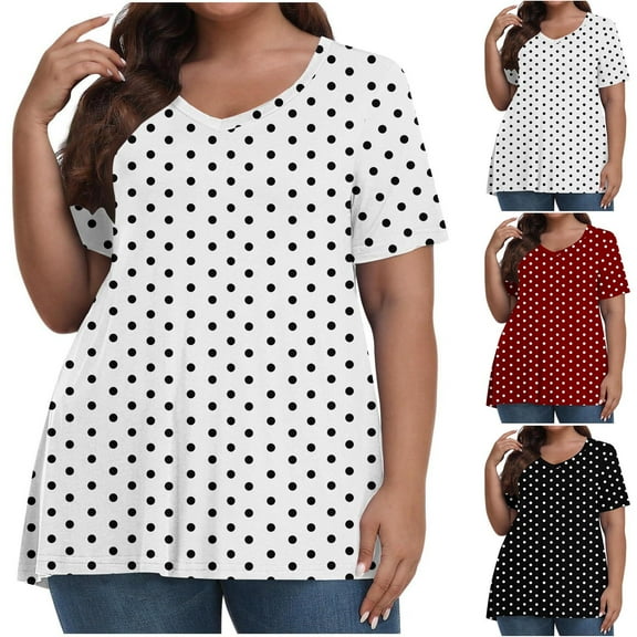 CFLVAEK Plus Size Shirts for Women Fashion Polka Dot Graphic Blouses Loose Fit Short Sleeve Shirt Casual Summer V Neck Tops Black XXXXXL