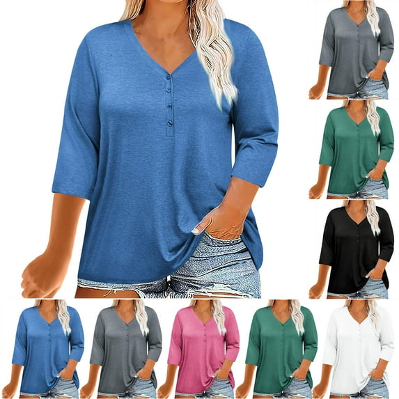 CFLVAEK Plus Size Shirts for Women Loose Fit Henley Shirt Summer Casual 3/4 Sleeve T Shirts Solid Color Classic Tops 2025 White XXXXL