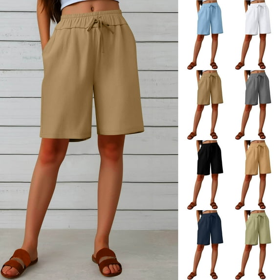 CFLVAEK Plus Size Shorts for Women High Waisted Drawstring Shorts Knee Length Cotton Linen Shorts with Pockets Beach Vacation Lounge Shorts White XL