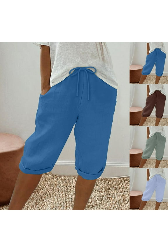 Plus Size Shorts for Women Knee Length Cotton Linen Shorts Lightweight Summer Long Shorts with Pockets Blue XXL