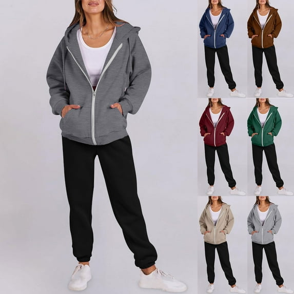 CFLVAEK Plus Size Sweatsuits Women 2pcs Outfit Casual Zip Up Hoodies Matching Baggy Sweatpants with Pockets Trendy Fall Lounge Jogging Tracksuit Brown M