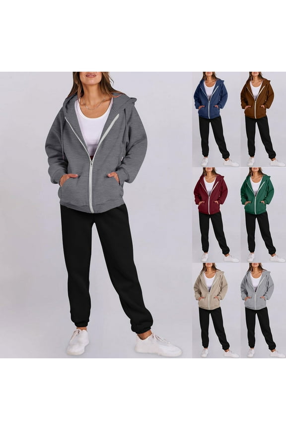 Plus Size Sweatsuits Women 2pcs Outfit Casual Zip Up Hoodies Matching Baggy Sweatpants with Pockets Trendy Fall Lounge Jogging Tracksuit Gray XXL