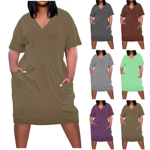 CFLVAEK Plus Size T Shirt Dresses for Women with Pockets Summer Casual Short Sleeve Midi Dress Loose Fit V Neck Dress Plain Color Beach Vacation Dress Coffee XXL