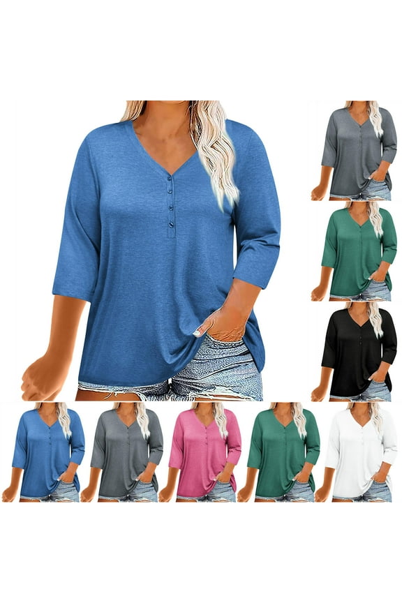 Plus Size T Shirts for Women Casual 3/4 Sleeve Tshirt Loose Fit Button V Neck Tshirt Solid Color Basic Summer Tees Green XXXXL
