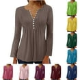 thumbnail image 1 of CFLVAEK Plus Size T Shirts for Women Casual Button Up Pleated Tunic Blouses Solid Color Long Sleeve T Shirts Summer Fall Vacation Tops Purple L, 1 of 5
