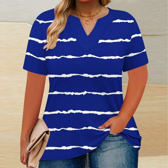 CFLVAEK Plus Size T Shirts for Women Loose Fit Notch V Neck T Shirt Casual Summer Short Sleeve Tshirt Fashion Striped Graphic Tees 2025 Blue XXXXXL