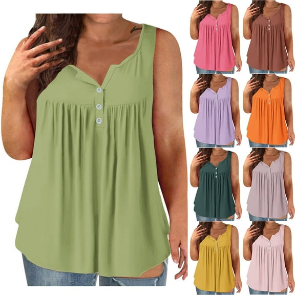 CFLVAEK Plus Size Tank Tops for Women Loose Fit Button Up Pleated Tunic Tops Casual Sleeveless Summer Going Out Tank Top Beach Vacation Solid Color Tanks Khaki XXXL