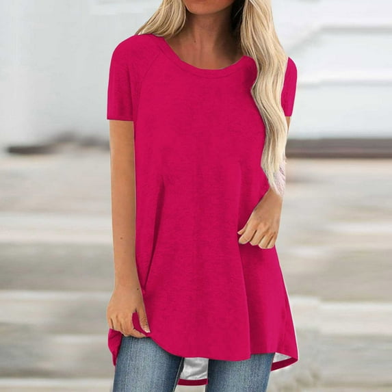 CFLVAEK Plus Size Tops for Women Clearance Loose Fit Crew Neck Tshirts Summer Casual Short Sleeved Long T-shirt Blouse Solid Color Going Out T Shirts Hot Pink S