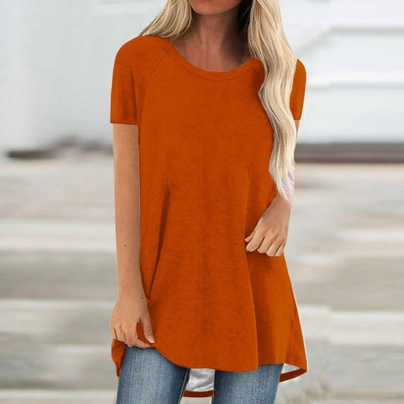 CFLVAEK Plus Size Tops for Women Clearance Loose Fit Crew Neck Tshirts Summer Casual Short Sleeved Long T-shirt Blouse Solid Color Going Out T Shirts Orange S