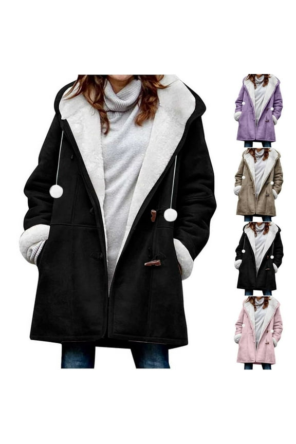 Plus Size Winter Coats for Women Warm Sherpa Fleece Lined Distressed Jackets Button Down Hooded Parka Faux Suede Pea Coat Outerwear Black XXXL