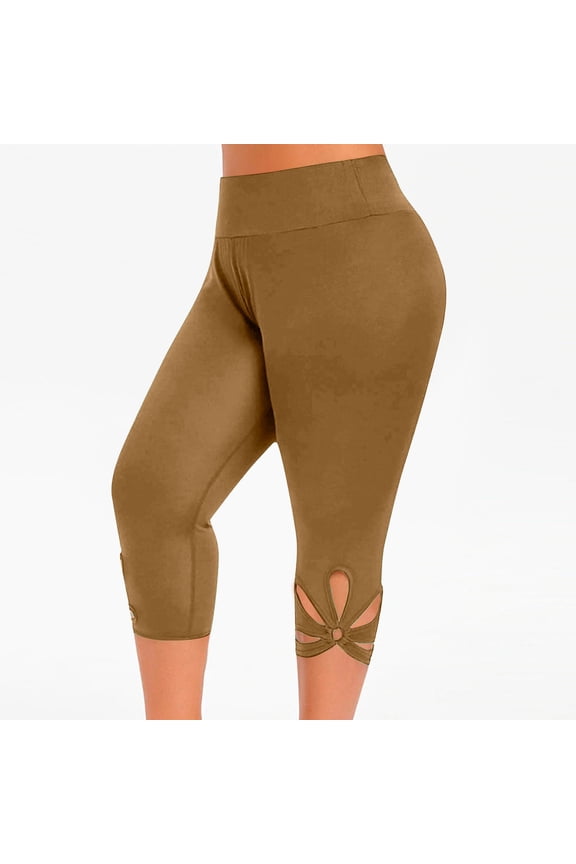 Plus Size Women Butt Lift Gym Leggings Breathable Flower Shape Cropped Pants Elastic High Rise Solid Pant Tummy Control Butt Lift Legging Brown 3XL