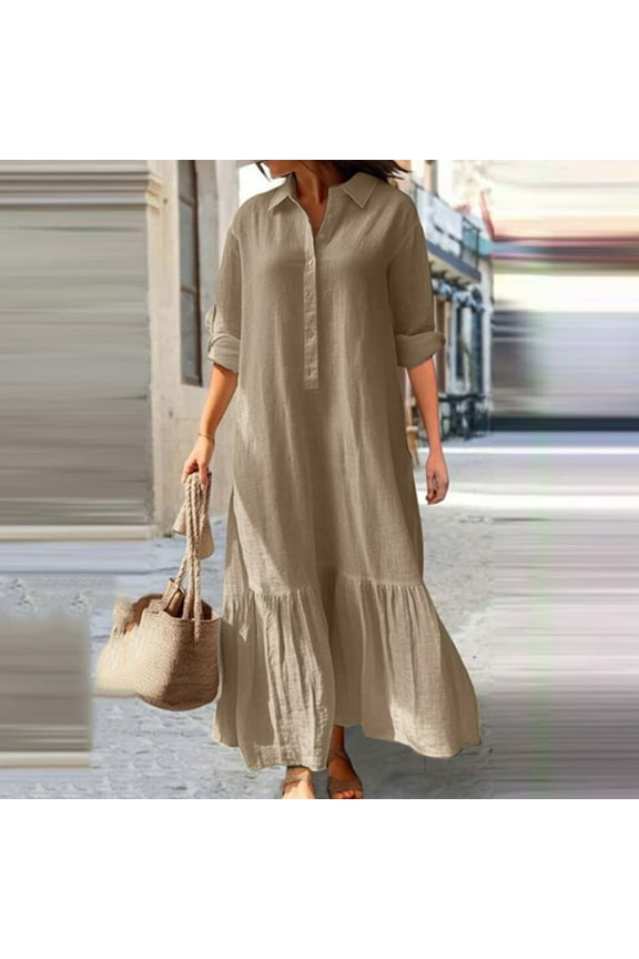 Plus Size Women Cotton Linen Dresses Casual Button Down Maxi Dress Loose Short Sleeve Collared Henley Dresses Lightweight Solid Beach Dress with Pockets Khaki XXXXXL