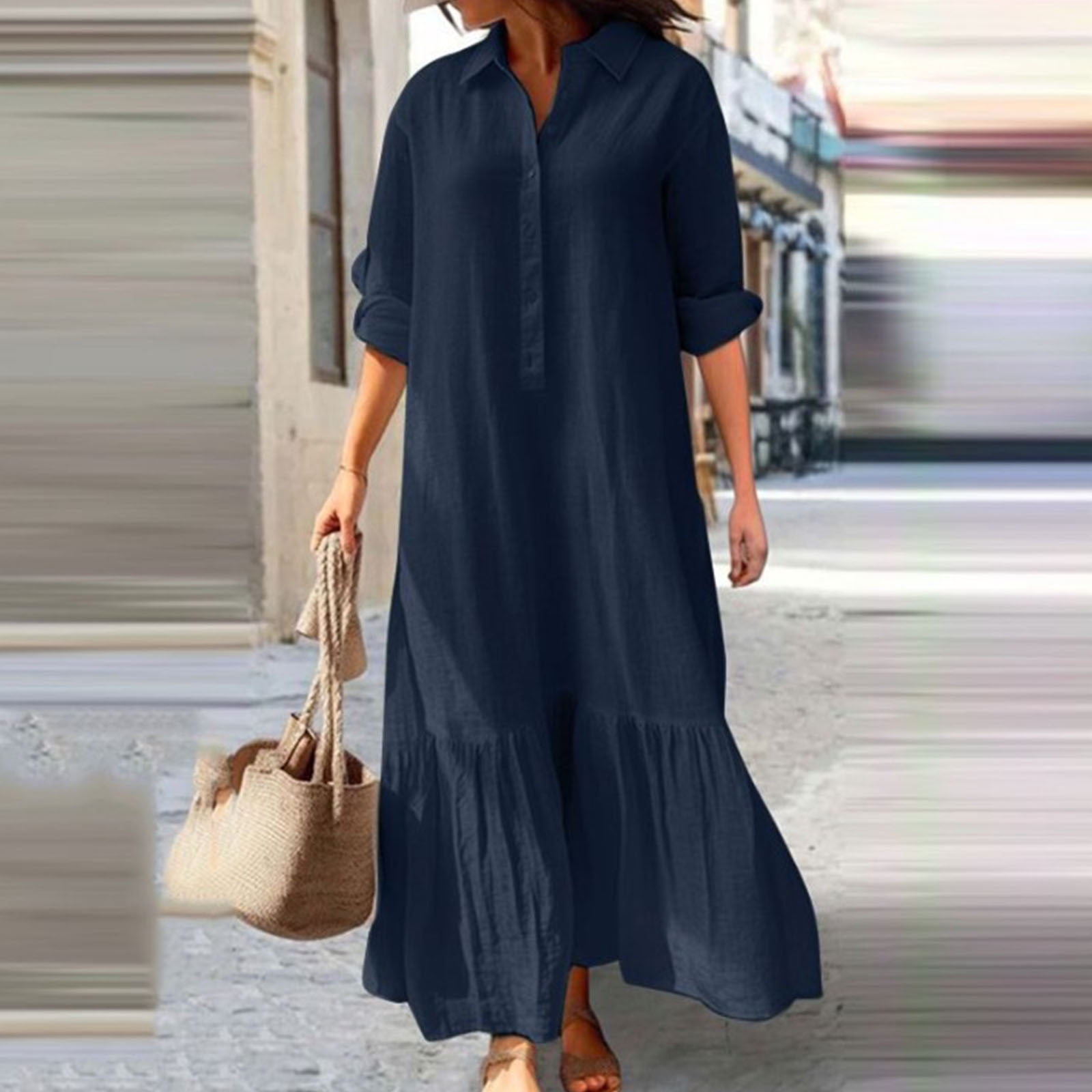 CFLVAEK Plus Size Women Cotton Linen Dresses Casual Button Down Maxi Dress  Loose Short Sleeve Collared Henley Dresses Lightweight Solid Beach Dress  with Pockets Navy XXXXXL - Walmart.com