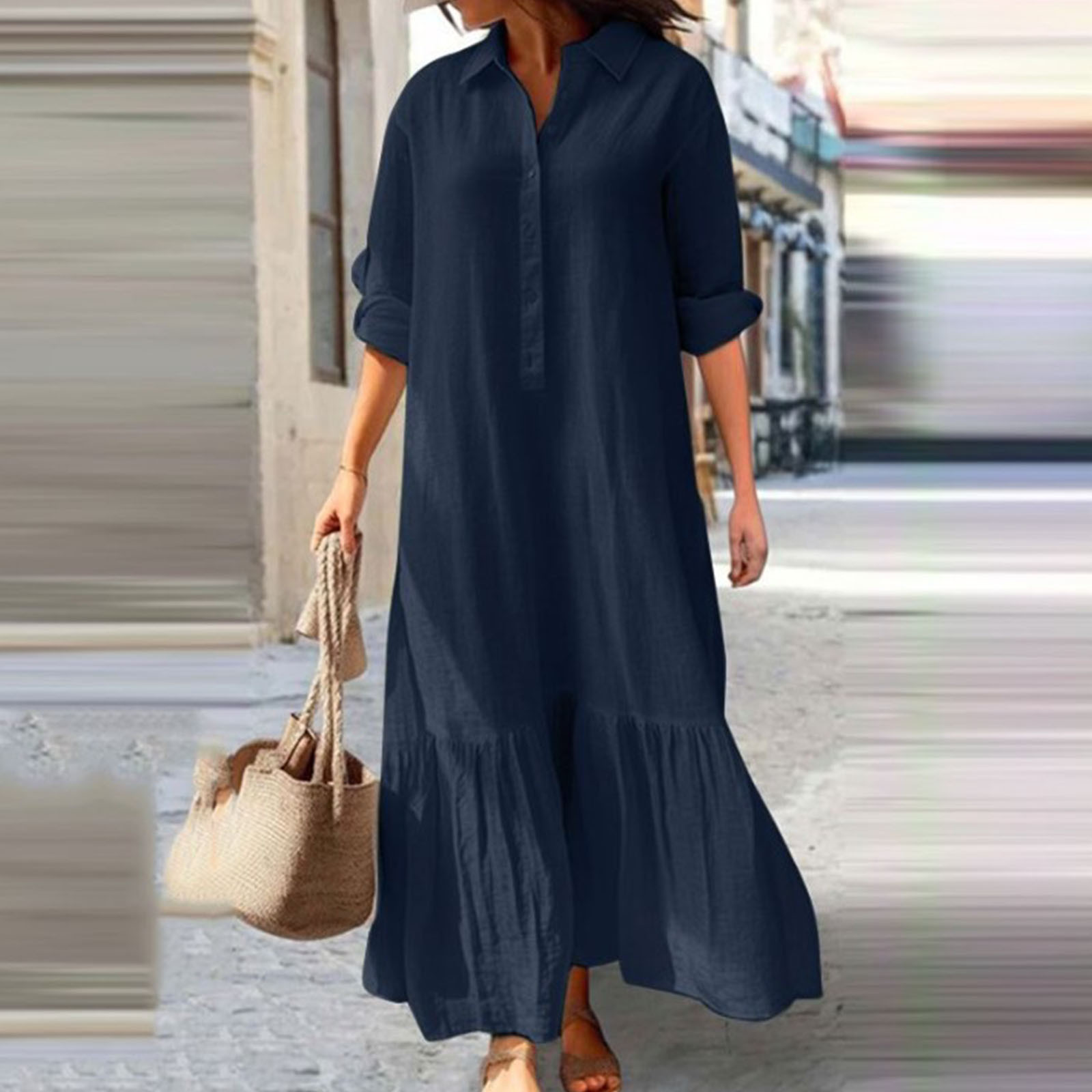 CFLVAEK Plus Size Women Cotton Linen Dresses Casual Button Down Maxi 