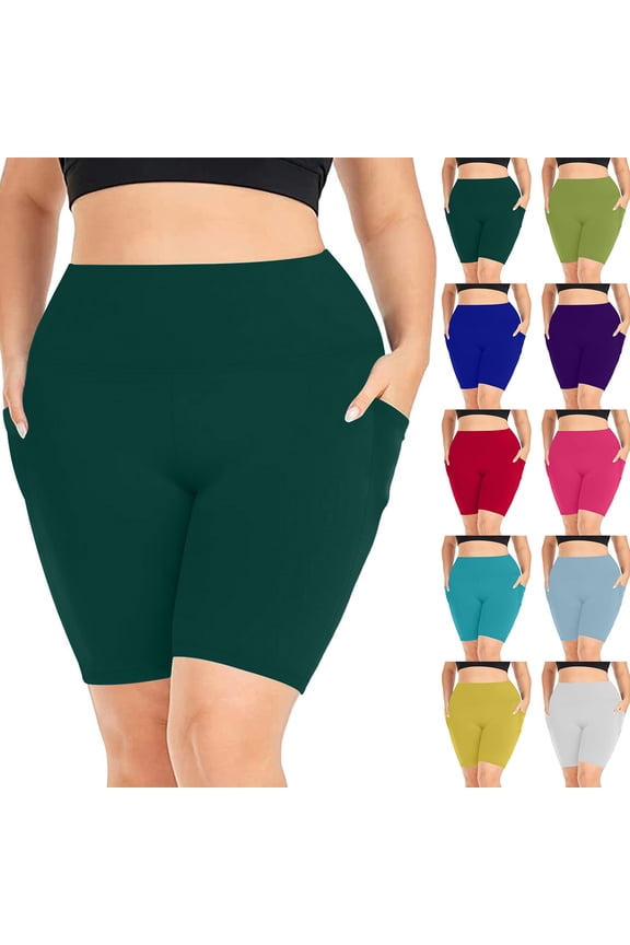 Plus Size Women's Biker Shorts with Pockets Spandex Stretch High Waist Bike Short Solid Color Quick Dry Yoga Gym Fitness Leggings 2025 Blue XXXL