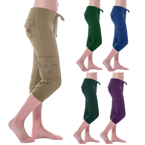 CFLVAEK Plus Size Women's Cargo Pants Stretch Fitted High Waisted Yoga Pants Comfy Cinch Bottom Workout Legging Pants with Pockets Khaki L