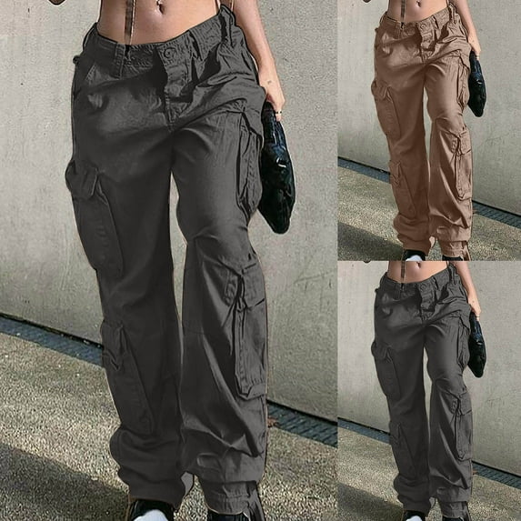 CFLVAEK Plus Size Women's Cargo Pants with 6 Pockets Loose Fit Wide Leg Street Pants Trendy High Waisted Trousers for Hiking Outdoor Dark Gray XXL