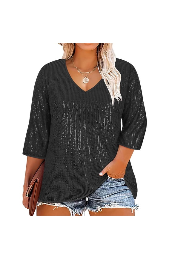 Plus Size Women's Sequin Glitter Tshirts Loose Fitted 3/4 Sleeve V Neck Blouse Tops Fashion Sparkly Shimmer Party Night Shirts 2025 L