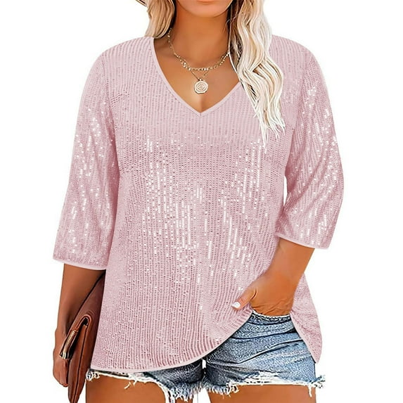 CFLVAEK Plus Size Women's Sequin Glitter Tshirts Loose Fitted 3/4 Sleeve V Neck Blouse Tops Fashion Sparkly Shimmer Party Night Shirts XXXXL