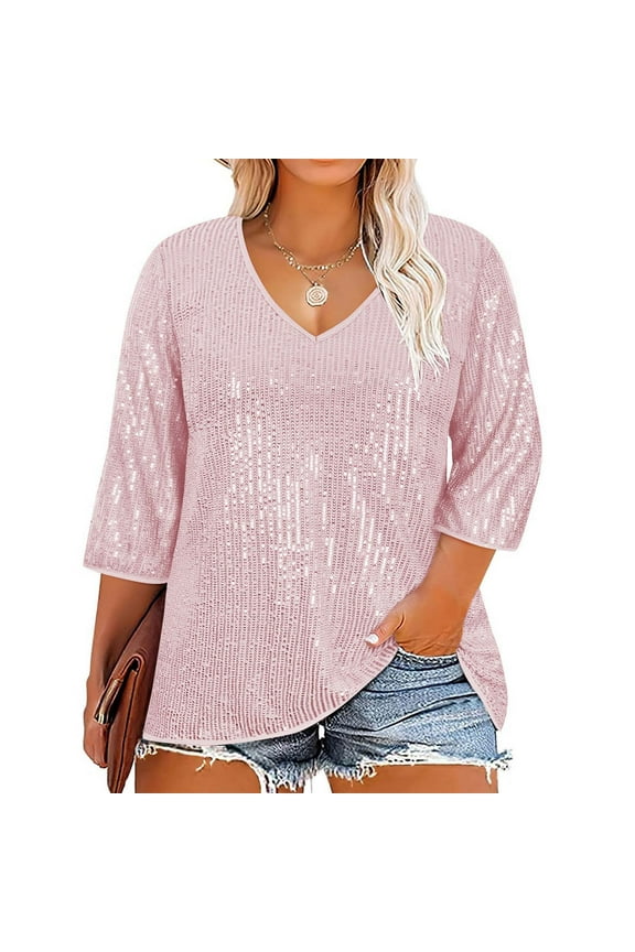 Plus Size Women's Sequin Glitter Tshirts Loose Fitted 3/4 Sleeve V Neck Blouse Tops Fashion Sparkly Shimmer Party Night Shirts XXXXL