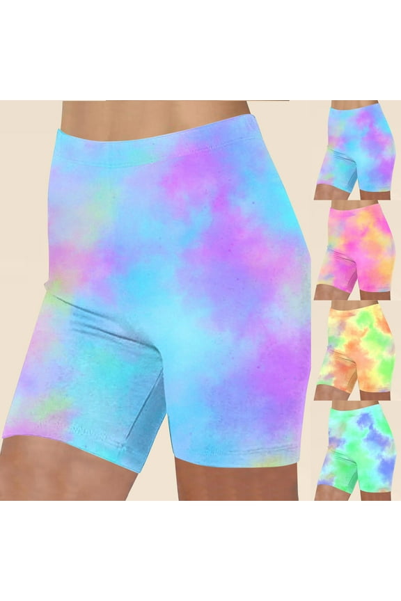 Plus Size Womens Biker Shorts Fashion Tie Dye Print Running Yoga Shorts Comfy High Waisted Tummy Control Shorts Blue XXXL